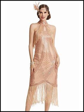 1920s Flapper Dress Long Fringe Gatsby Art Deco Gown Beaded Sequin